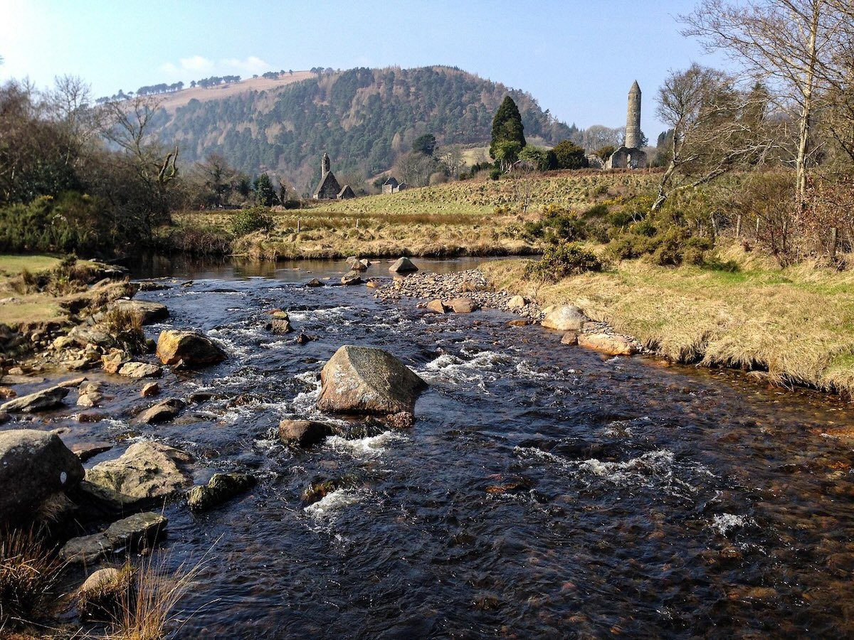 River and round tower in Glendalough Ireland